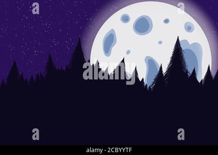 Luna piena che si erge sopra gli alberi di conifere contro il cielo limpido. Sfondo di Halloween Foto Stock
