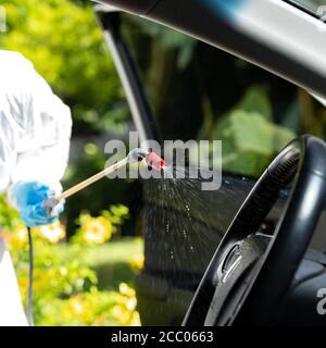 Primo piano di pulizia a spruzzo con alcool chimico all'interno dell'auto per disinfettare e decontaminare il coronavirus covid-19 da un detergente specializzato che indossa il prodotto personale Foto Stock