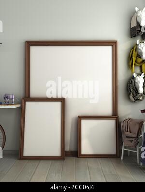 simulato su differenti dimensioni poster cornici in moderno sfondo interno rendering 3d del salotto a colori Foto Stock