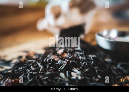 Fuoco selettivo del tè da Hong Pao dark oolong foglie Foto Stock