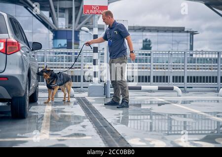 Ufficiale con auto di controllo cane all'aeroporto Foto Stock