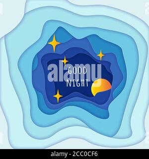 Carta arte luna, nuvole e stelle a mezzanotte. Stile moderno della carta originale 3d. Illustrazione, cielo notturno scuro. Buone scritte notturne in centro. Foto Stock