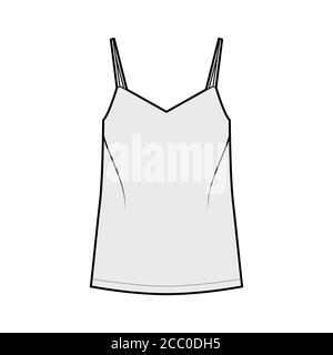 Camisole illustrazione tecnica della moda con collo a V lusinghiero, cinghie, calzata rilassata, lunghezza tonica. Modello di abbigliamento da esterno piatto, colore grigio. Donna, uomo maglia unisex top mockup CAD Illustrazione Vettoriale