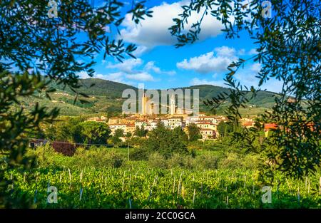 Vinci, luogo di nascita di Leonardo, villaggio, vigneti e ulivi. Firenze, Toscana Italia Europa. Foto Stock