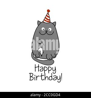 Felice testo del compleanno con gatto carino con mouse bianco morto - disegno di citazione divertente con gatto grigio. Segno calligraphy del gattino per stampa. Carino poster gatto con le Illustrazione Vettoriale