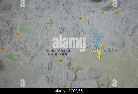 Traffico aereo su Addis Abeba, Etiopia (15 agosto 2020, UTC 12.11) su Internet con il sito Flightradar 24, durante il Coronavirus Pandemic Foto Stock