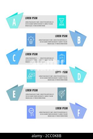 Infografiche vettoriali con 6 passaggi, etichette. Utilizzato per diagrammi, attività, Web, banner, layout del flusso di lavoro, presentazioni, diagramma di flusso, grafico delle informazioni, sequenza temporale Illustrazione Vettoriale