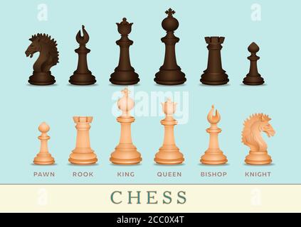 Set di scacchi, banner chessmen, poster, disegno realistico. Pedina in bianco e nero, re, regina, vescovo, cavaliere, rook, con i nomi firmati figura isolato Illustrazione Vettoriale