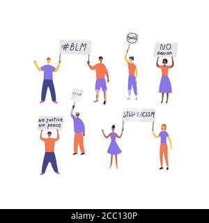 Rally contro il razzismo. Movimento di protesta contro la violenza e la disuguaglianza. La gente sostiene la parità di genere e razziale. Vettore piatto disegnato a mano Illustrazione Vettoriale