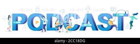 Modello banner tipografia podcast radio, illustrazione vettoriale Illustrazione Vettoriale