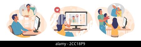 Persone che utilizzano l'app di chat video, immagine vettoriale piatta isolata Illustrazione Vettoriale