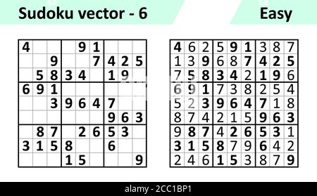Gioco Sudoku con risposte. Semplice set di disegno vettoriale Sudoku. Modello vuoto. La complessità dell'attività è semplice. Illustrazione Vettoriale