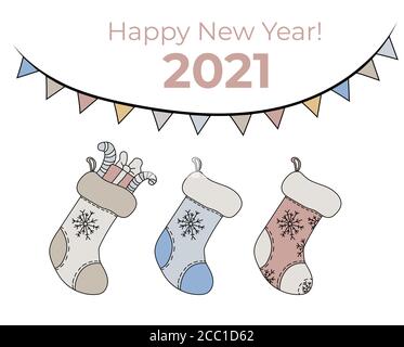 Nuovo anno vettore impostato. Calze di Natale con regali, decorazione di Capodanno e congratulazioni 2021. Vettore isolato su sfondo bianco Illustrazione Vettoriale