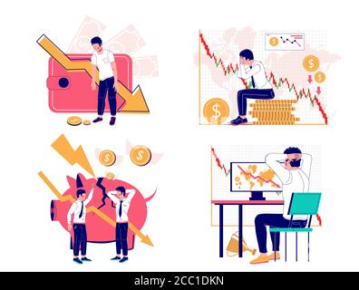 Insieme crisi finanziaria, vettore piatta illustrazione isolata Illustrazione Vettoriale