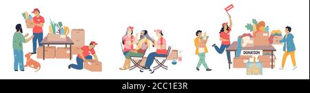 Set di donazioni per senzatetto, illustrazione piatta e vettoriale isolata Illustrazione Vettoriale