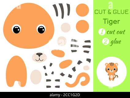 Tagliare e incollare la tigre del bambino. Foglio di lavoro per lo sviluppo dell'istruzione. Gioco di carta a colori per bambini in età prescolare. Tagliare le parti dell'immagine e incollare sulla carta. Illustrazione Vettoriale
