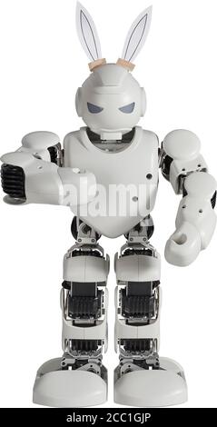 Robot con orecchie di coniglio pasquale su sfondo bianco tagliato Foto Stock
