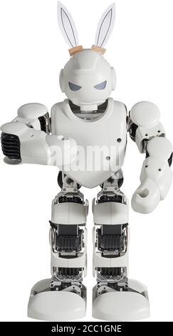 Robot con orecchie di coniglio pasquale su sfondo bianco tagliato Foto Stock