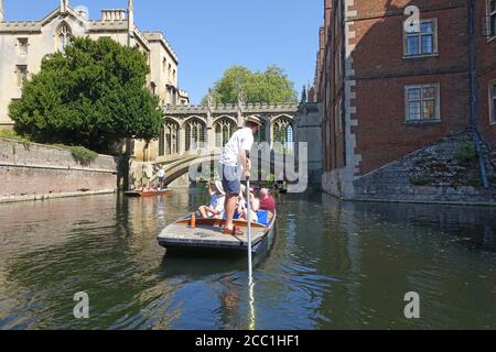 Cambridge, UK 31 luglio 2020: Punting lungo le spalle dei college sul fiume Cam a Cambridge Foto Stock