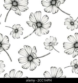 vintage wildflowers motivo senza cuciture, inchiostro disegnato a mano illustrazione floreale con fiore monocromo cosmo, bianco e nero disegno tessile botanico Foto Stock