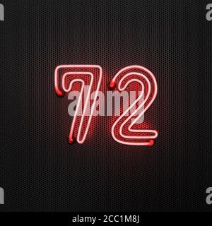 Il neon rosso incandescente numero 72 (numero settantadue) su uno sfondo di metallo forato. Illustrazione 3D Foto Stock