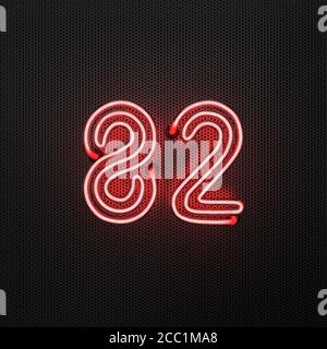 Il neon rosso incandescente numero 82 (numero ottantadue) su uno sfondo metallico forato. Illustrazione 3D Foto Stock