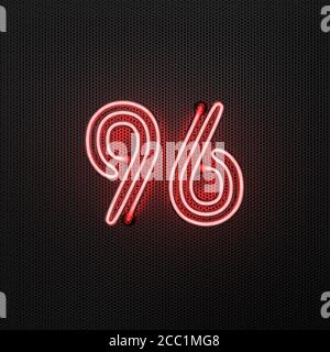 Il neon rosso incandescente numero 96 (numero novantasei) su uno sfondo di metallo perforato. Illustrazione 3D Foto Stock