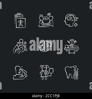 Icone bianche in gesso dei servizi sanitari su sfondo nero Illustrazione Vettoriale