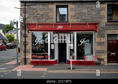 Joe's, The Chippy on the Corner a Kingussie, Cairngorms National Park, Scozia, Regno Unito. Foto Stock