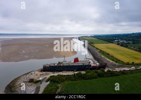 Mostyn Docks, River Dee, Galles del Nord, Regno Unito. TSS Duca di Lancaster abbandonò la nave a vapore ferroviaria attraccata a Mostyn Docks, fiume Dee, Galles del Nord Foto Stock