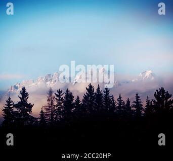 Splendida vista sulle Alpi austriache circondata da nuvole inferiori dietro una cortina di foresta di abeti Foto Stock