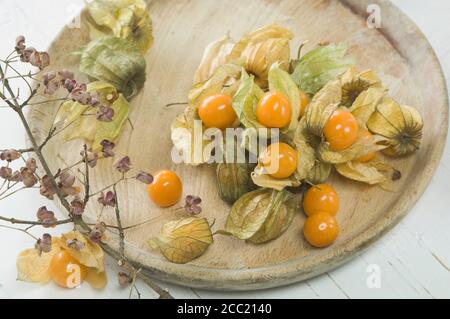 Physalis frutta con un piatto di legno su sfondo bianco, close up Foto Stock