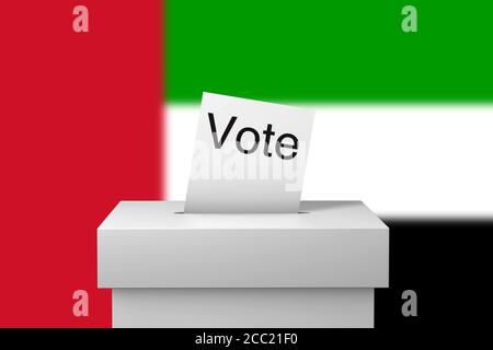 Casella elettorale degli Emirati Arabi Uniti e documento di voto. Rendering 3D Foto Stock