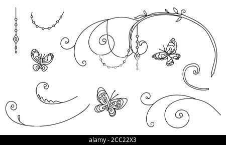 Set botanico con farfalla d'arte disegnata a mano e vignette decorative. Vector illustrazione modello floreale monocromatico per l'invito al matrimonio, vegan Illustrazione Vettoriale