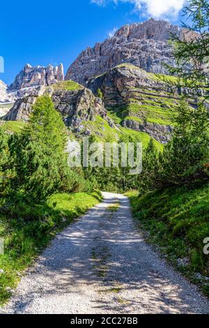 Italia Veneto Dolomiti - il massiccio roccioso di Punta Anna visto dal sentiero che conduce al sentiero Astaldi, forcella Fontananegra e Tofana di Rozes Foto Stock