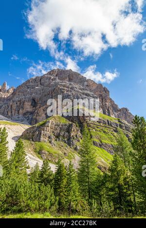 Italia Veneto Dolomiti - il massiccio roccioso di Punta Anna visto dal sentiero che conduce al sentiero Astaldi, forcella Fontananegra Foto Stock