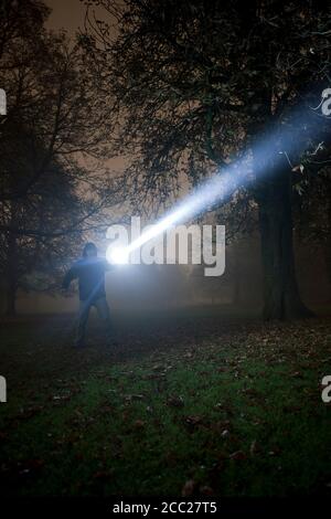 Germania - Monaco, illuminazione uomo spooky tree con torcia nella notte di nebbia Foto Stock