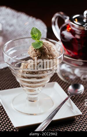 gelato al cioccolato con un rametto di menta Foto Stock