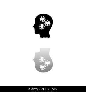 Testa a ingranaggi. Simbolo nero su sfondo bianco. Illustrazione semplice. Icona vettore piatto. Specchia ombra di riflessione. Può essere utilizzato in logo, Web, dispositivi mobili e interfaccia utente Illustrazione Vettoriale