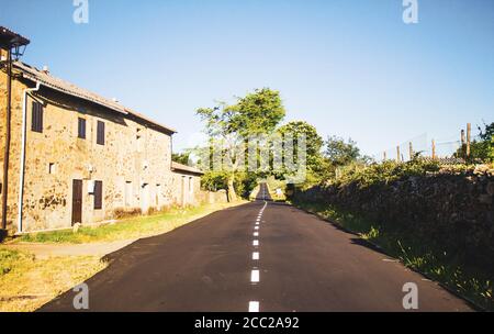 strada che attraversa la città tra alberi e case contro il cielo blu Foto Stock