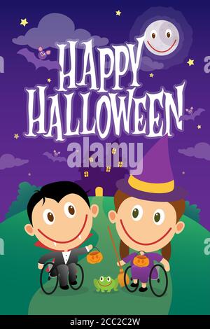 Bambini in sedia a rotelle con costumi halloween. Bambini disabili vestiti come vampiro e strega. Illustrazione vettoriale Illustrazione Vettoriale