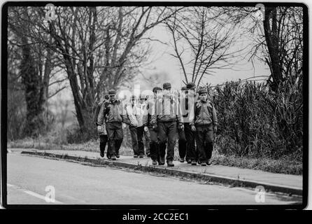 Diritto al lavoro marzo 1992 dal nord di Inghilterra a Londra seguendo il percorso della crociata Jarrow nel 1936 si è condotta una campagna contro la disoccupazione di massa nel nord ad est dell'Inghilterra Foto Stock