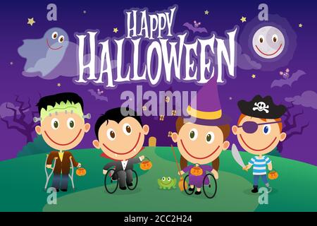 Gruppo di bambini disabili in costumi halloween. Varie disabilità, bambini su sedia a rotelle, amputato ragazzo. Set di caratteri per illustrazioni vettoriali. Illustrazione Vettoriale