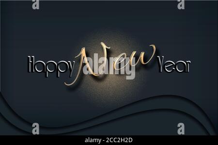 Banner di Natale. Design di lusso con testo brillante Happy New Year su sfondo nero oro glitter. Poster orizzontale, biglietto di auguri, intestazione, sito Web. Illustrazione 3D Foto Stock