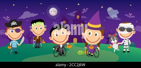 Gruppo di bambini disabili in costumi halloween. Varie disabilità, bambini su sedia a rotelle, bambini non vedenti, ragazzo amputato. Carattere dell'illustrazione vettoriale se Illustrazione Vettoriale