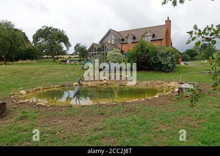 Recentemente completato grande laghetto giardino con primo impianto di piante laghetto e circondato da pietre Cotswold, Colemans Hill Farm, Mickleton, Regno Unito Foto Stock