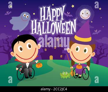 Bambini in sedia a rotelle con costumi halloween. Bambini disabili vestiti come vampiro e strega. Illustrazione vettoriale Illustrazione Vettoriale