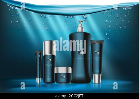 Confezione blu cosmetica serie illustrazione vettoriale. Prodotti cosmetici per la cura della mano, del viso e del corpo in contenitori di bottiglie realistici, pubblicità cosmetologia modello mockup su fondo d'acqua con gocce Illustrazione Vettoriale