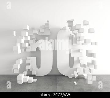 Rappresentazione 3D del simbolo 5G bianco costituito da cubi astratti sul pavimento Foto Stock