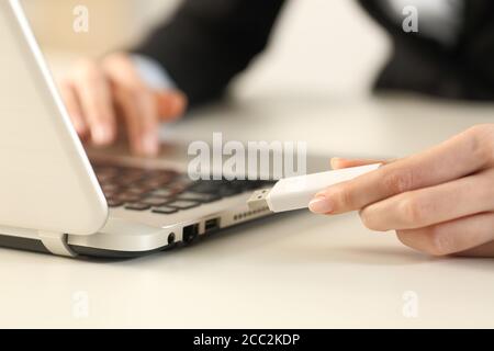 Primo piano di una donna esecutiva che collega le mani del pendrive sopra computer portatile seduto su una scrivania in ufficio Foto Stock